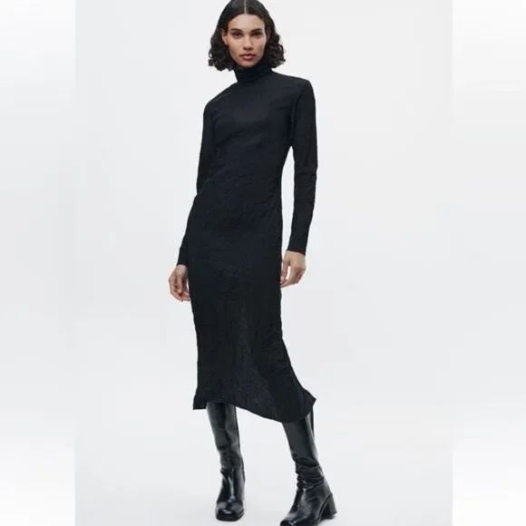 ZARA LIMITED EDITION Creased Wrinkled Textured Black Midi Dress – Size - Picture 3 of 4
